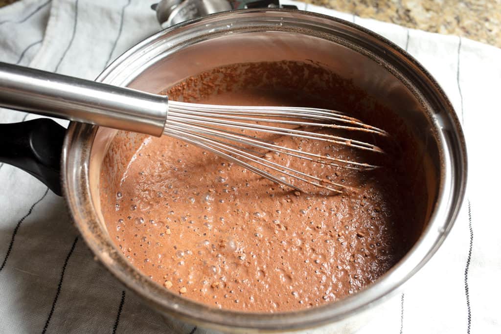 Sugar, flour, and cocoa whisked into milk