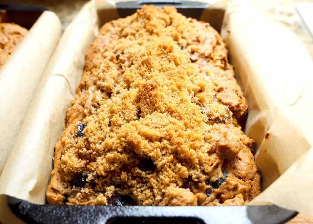 Toasty brown sugar on the top of the baked blueberry banana bread