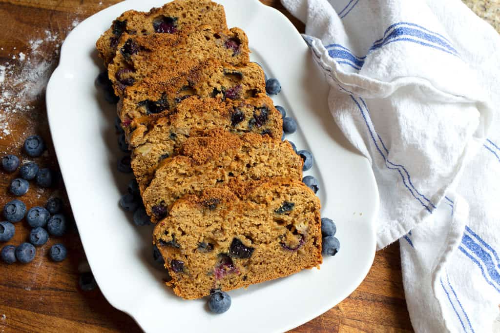 Slices of blueberry banana bread on a platter to serve