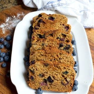 Slices of Blueberry Banana Bread on a platter