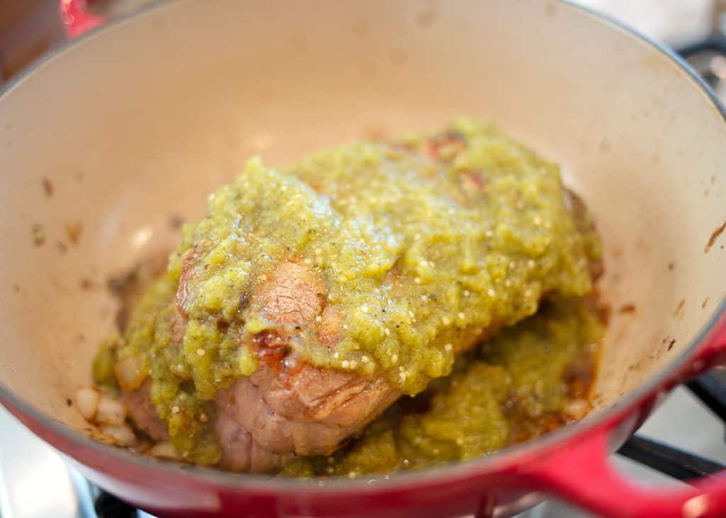 Pork Roast returned to the pot with the salsa verde poured over it