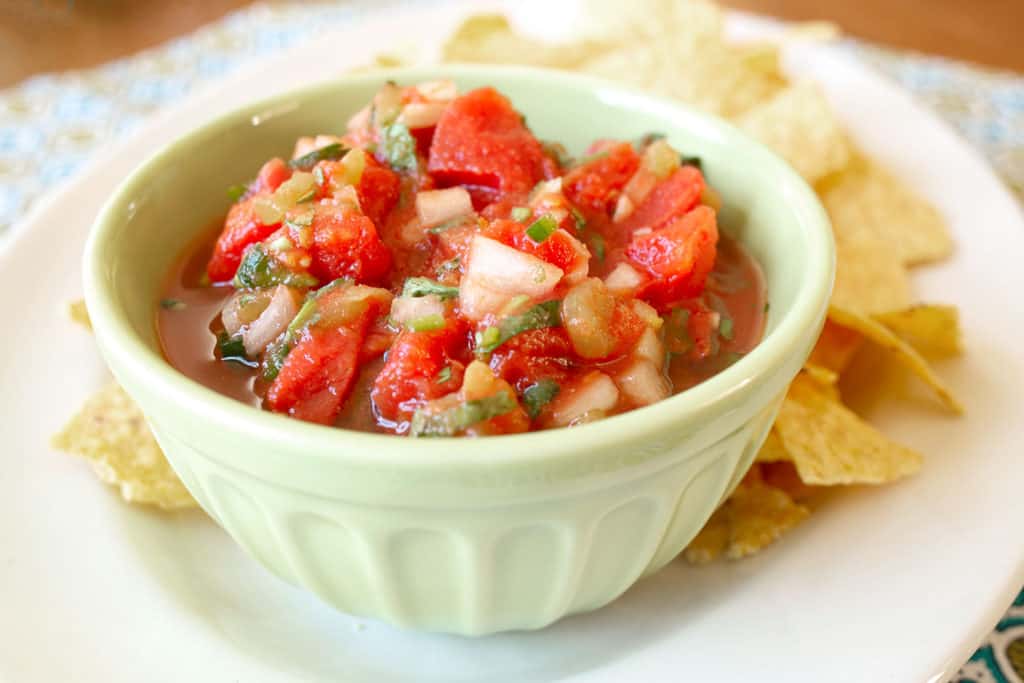 Close up view of bowl of salsa
