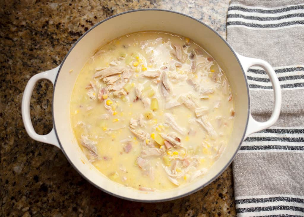 Finished Chicken Corn Chowder in the pot