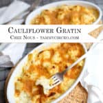 Two finished baking dishes of cauliflower gratin