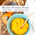Roast Pumpkin Puree in a vintage turquoise-colored bowl with pumpkin seeds scattered and the pumpkin tops and a towel alongside