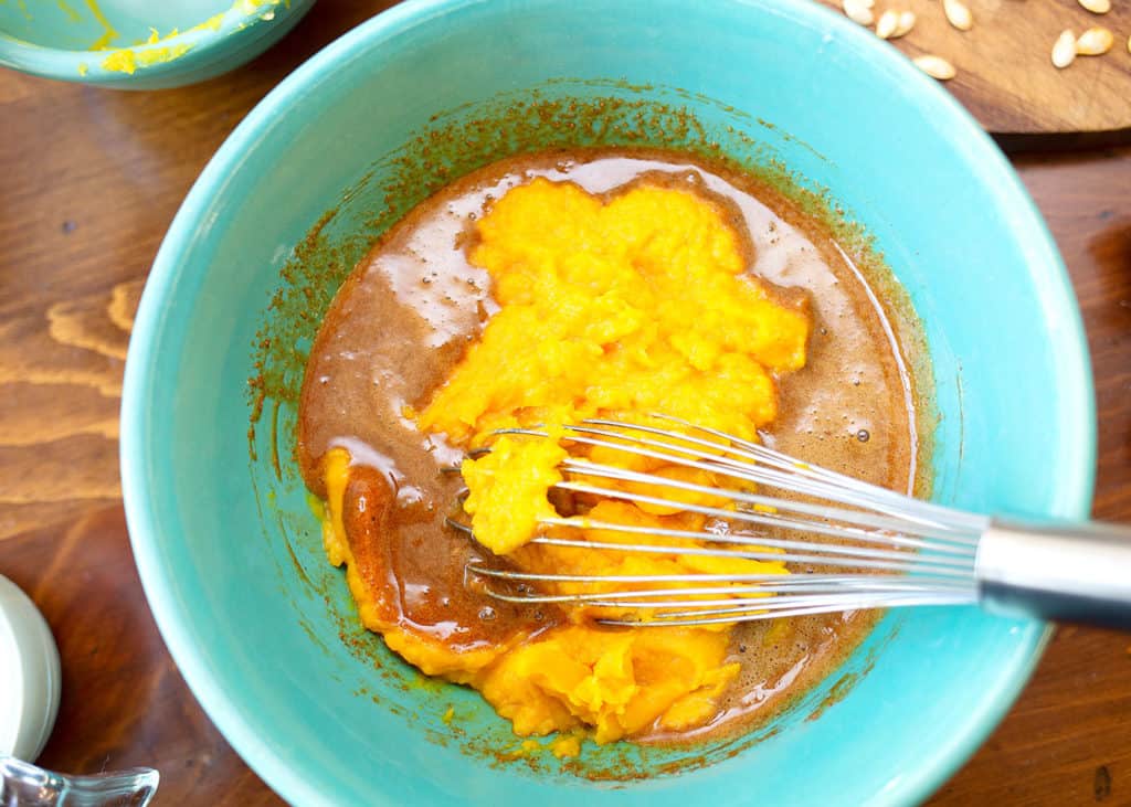 Pumpkin puree whisked with eggs, sugar, and spices