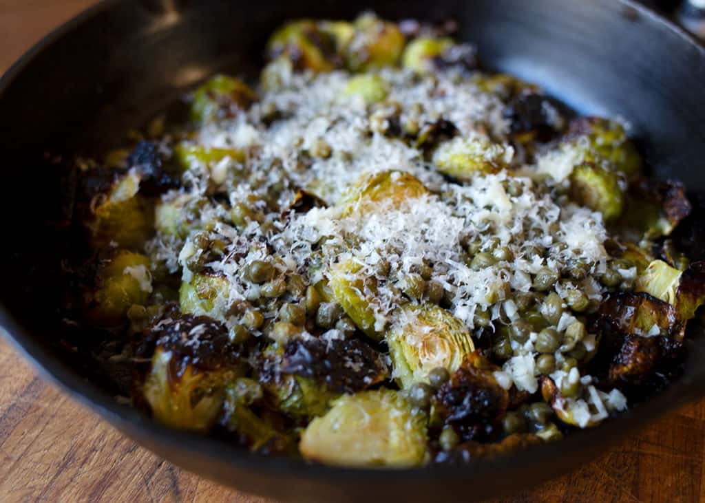 Close up of Charred Lemon Caper Brussels Sprouts