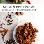 PIN for Pinterest: Sugar and Spice Pecans in a bowl with whole spices on the table