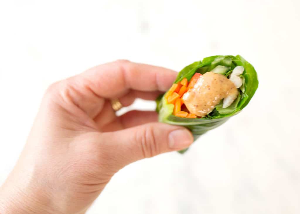 Close up of a hand holding a green fresh roll with peanut sauce on it
