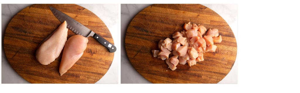 A diptych of whole chicken breasts and chopped chicken breasts