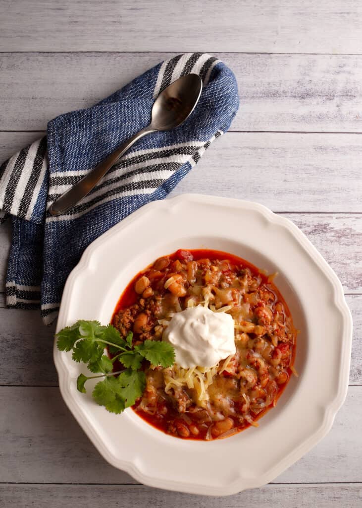 A serving of Classic American Chili in a soup plate