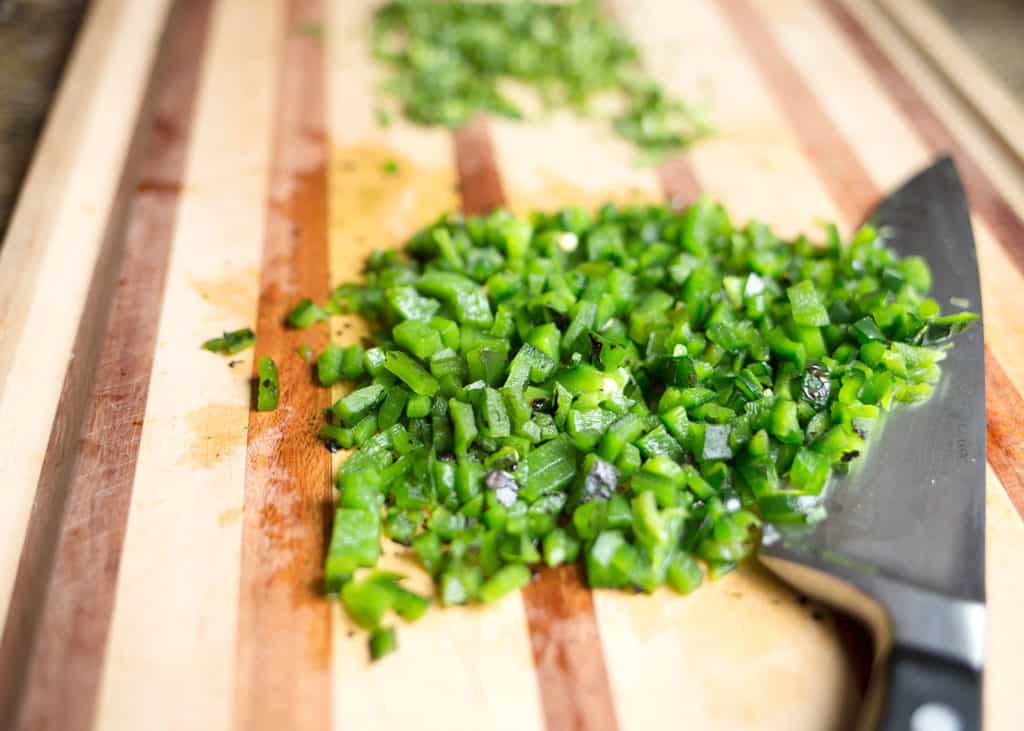 Chopped poblano on the cutting board