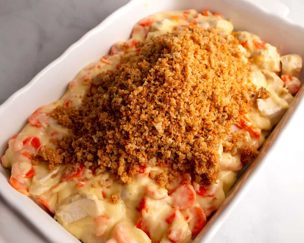 Breadcrumb topping piled on top of the casserole