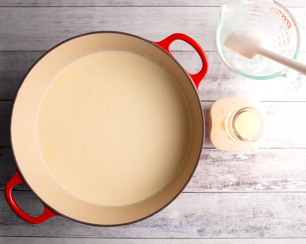 Milk, cream, and buttermilk in a large pot
