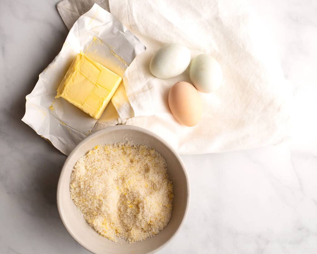 Farm fresh eggs, butter, and zested lemon sugar