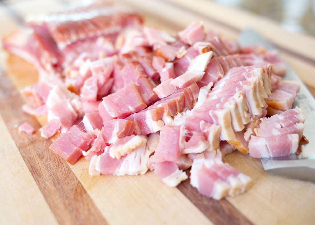 chopped bacon on the cutting board