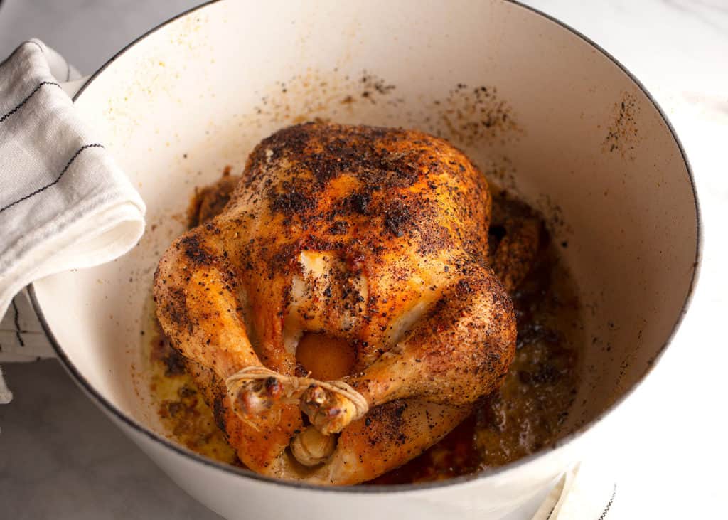 The most beautiful roast chicken in a Dutch oven