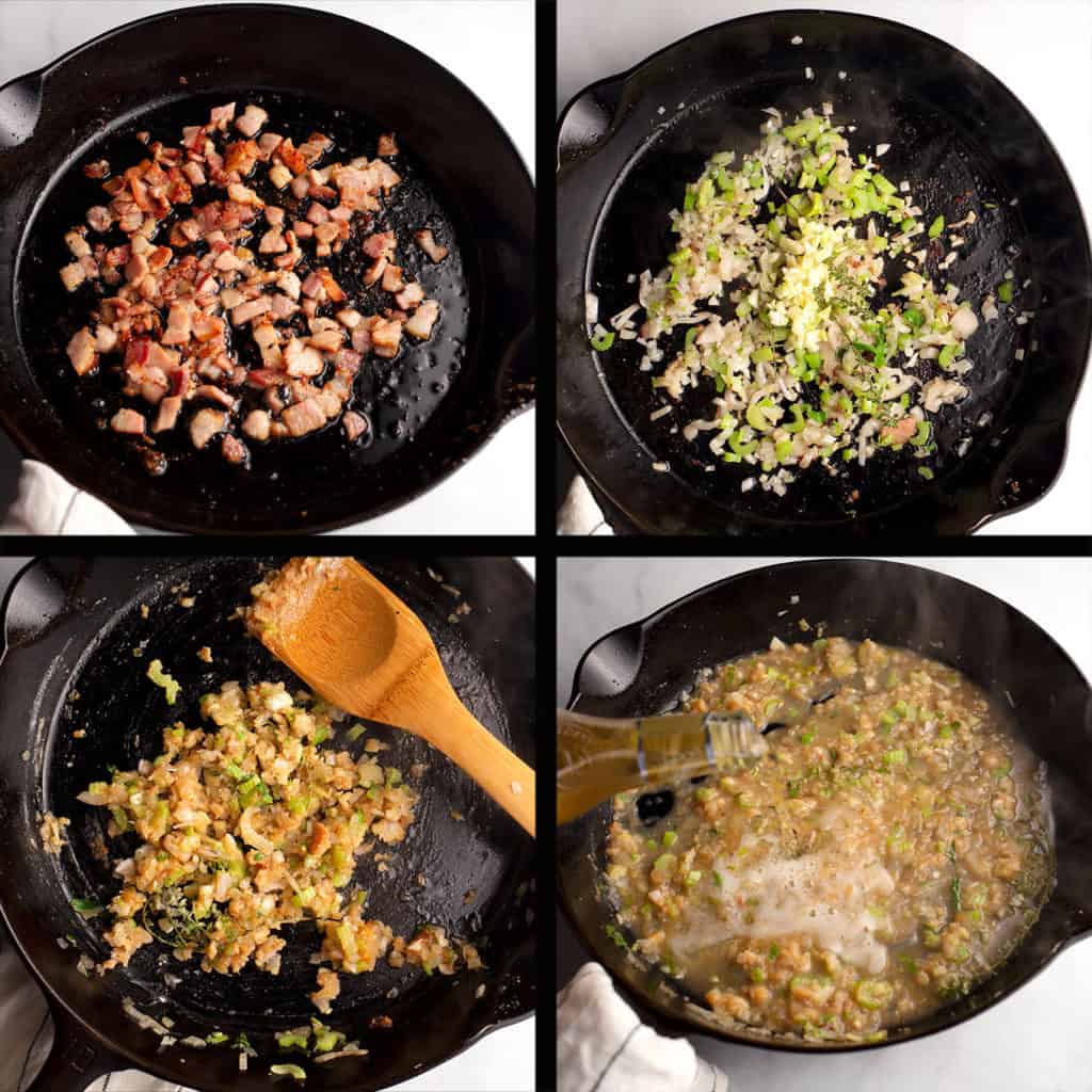 A photo collage of 4 photos showing the process of building the sauce