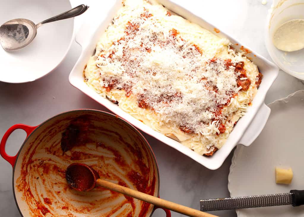 Repeat the layers till no pasta, meat sauce, and cheese is left
