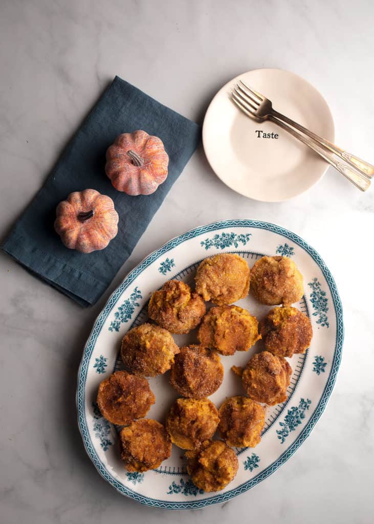 Pumpkin Doughnut Hole Muffins on a platter to serve