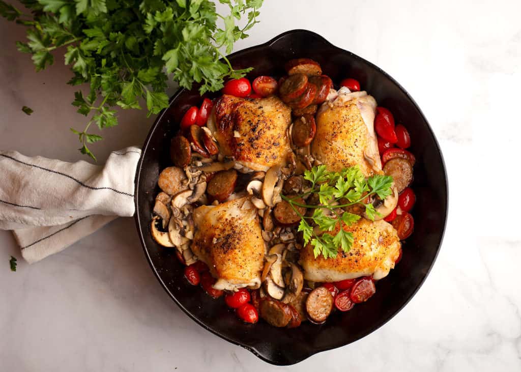 Chicken Andouille Skillet with mushrooms and tomatoes