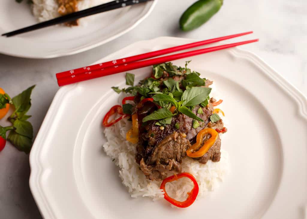 Close up of Spicy Beef with Basil