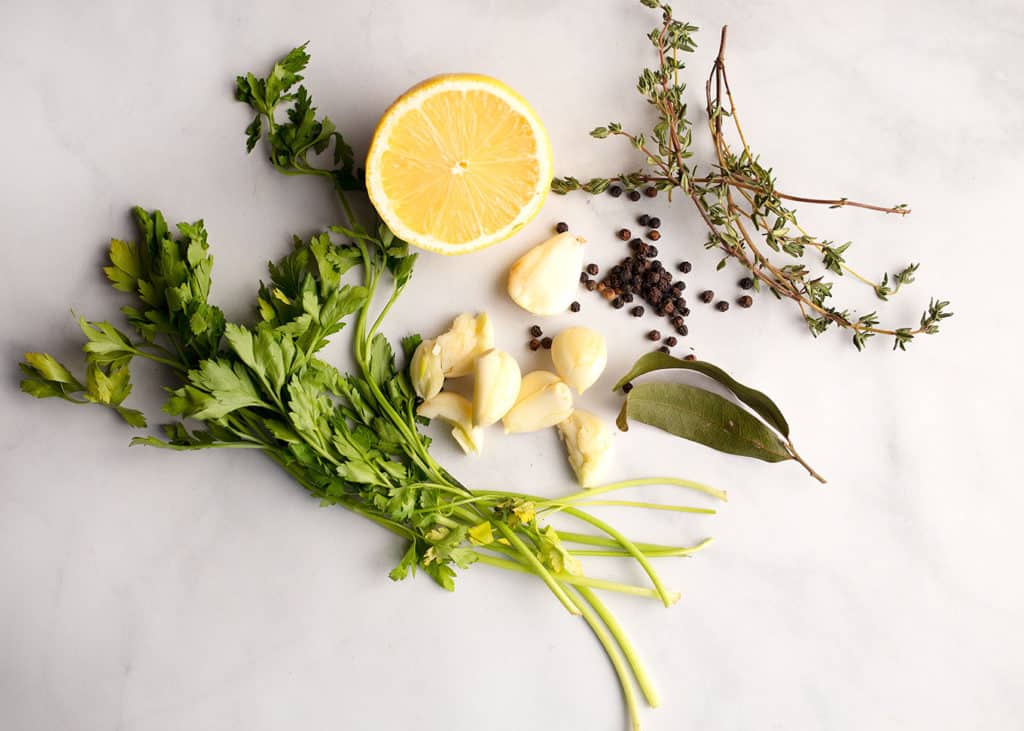 Lemon, thyme, peppercorns, garlic, bay leaves, parsley