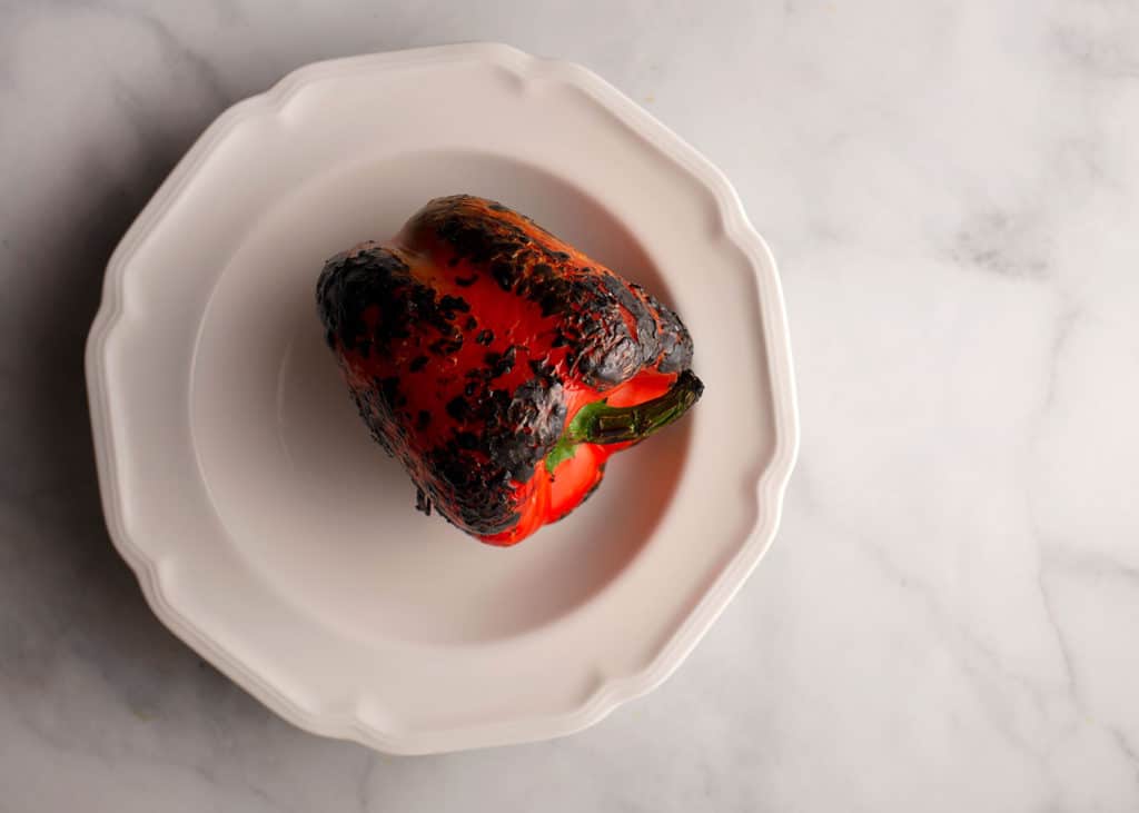 roasted red pepper in a white dish
