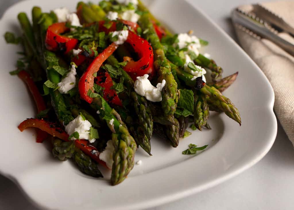Close up of Asparagus with Red Peppers and Goat Cheese