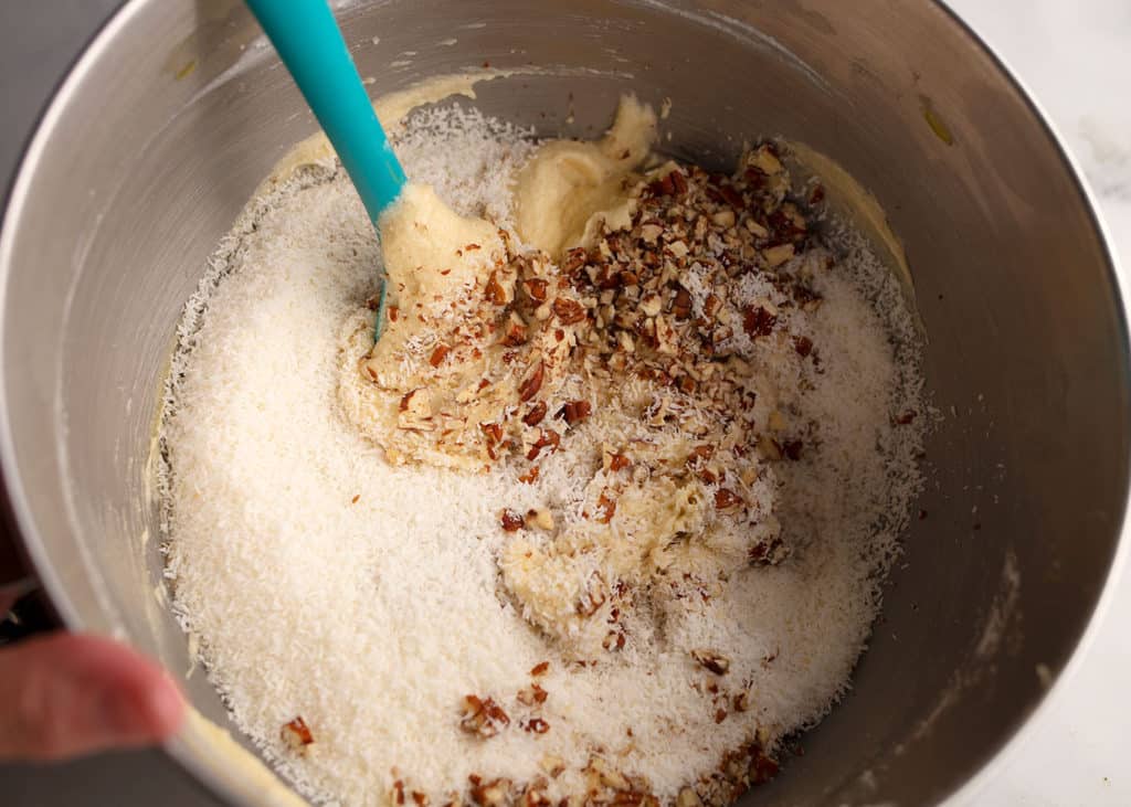 Coconut and pecans stirred into the batter