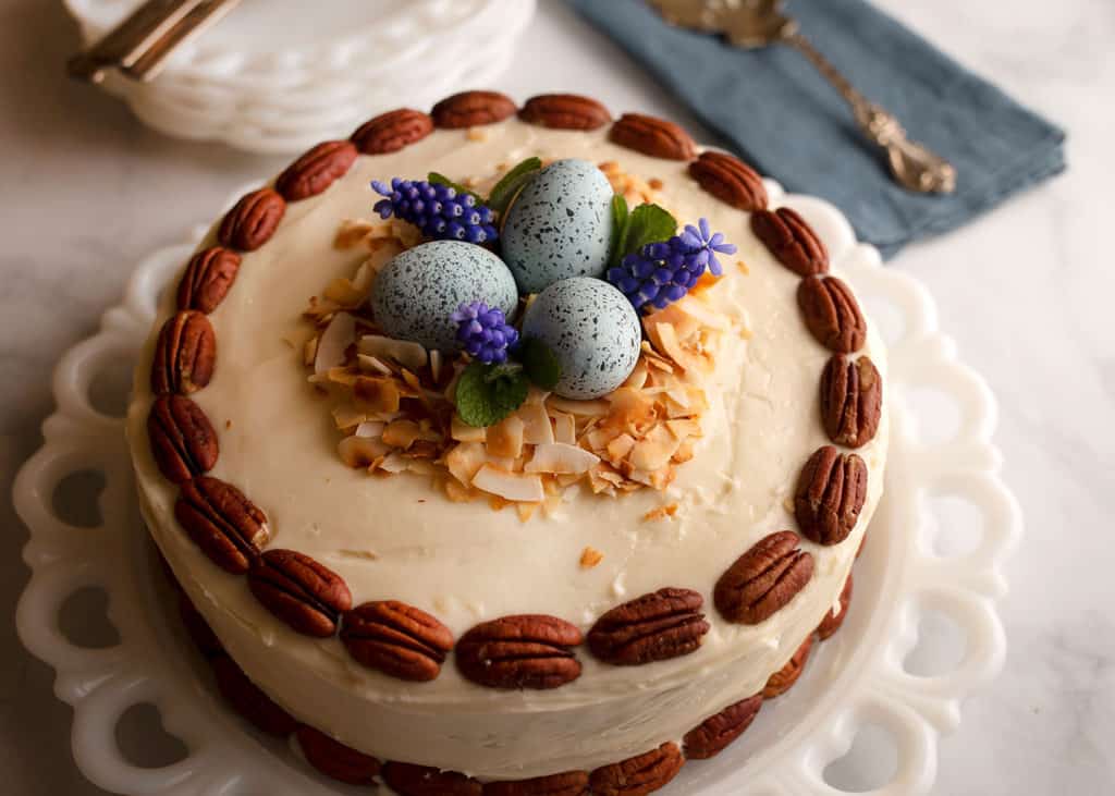 Close up of Coconut Pecan Layer Cake for Easter