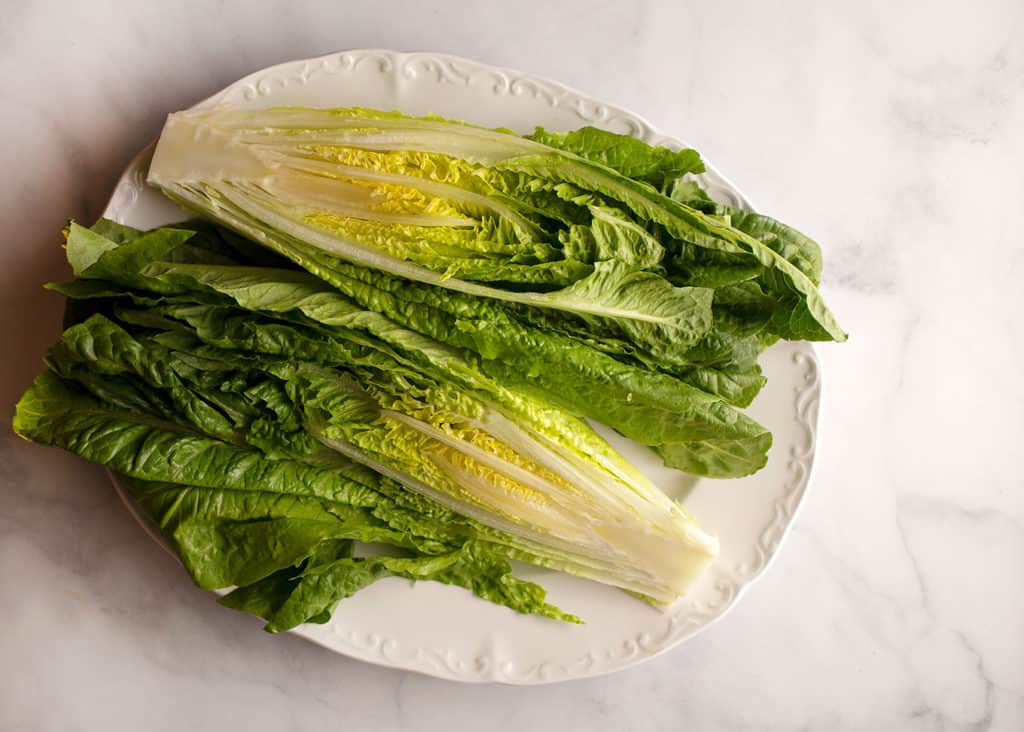Romaine lettuce cut in half lengthwise