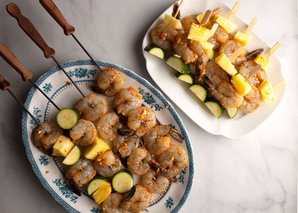 Shrimp skewered. Some with zucchini and pineapple