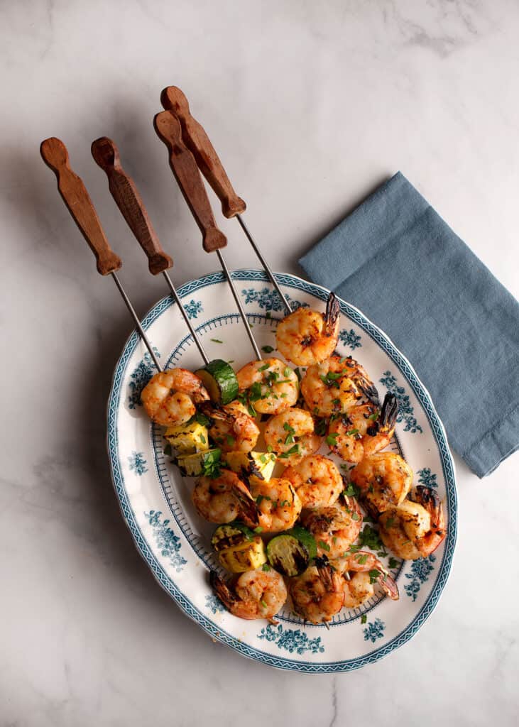 Platter of BBQ-skewered Firecracker Shrimp