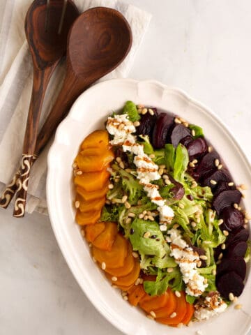 Roasted Beet Salad with two colors of beets on a large white platter