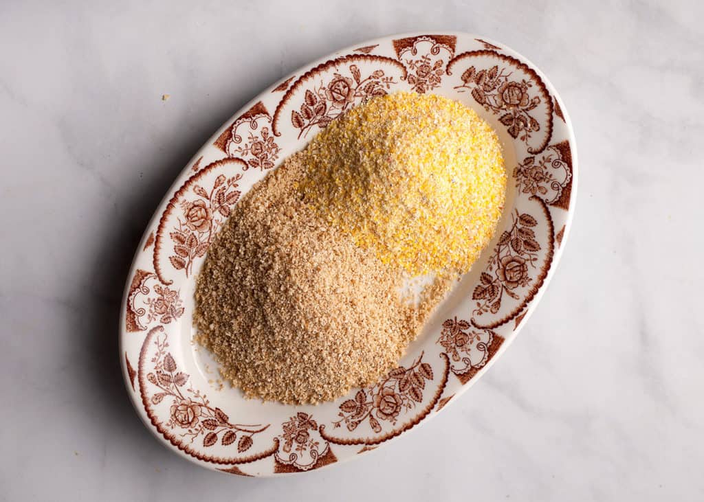 Corn meal and bread crumbs for the coating