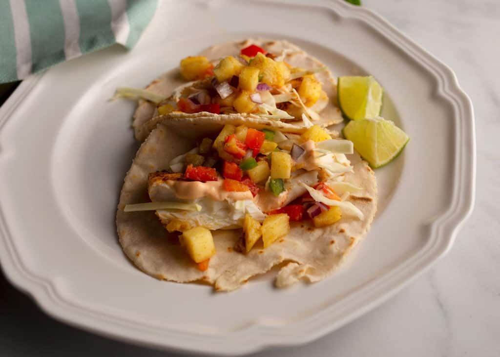 Close up of Halibut Tacos with Pineapple Salsa