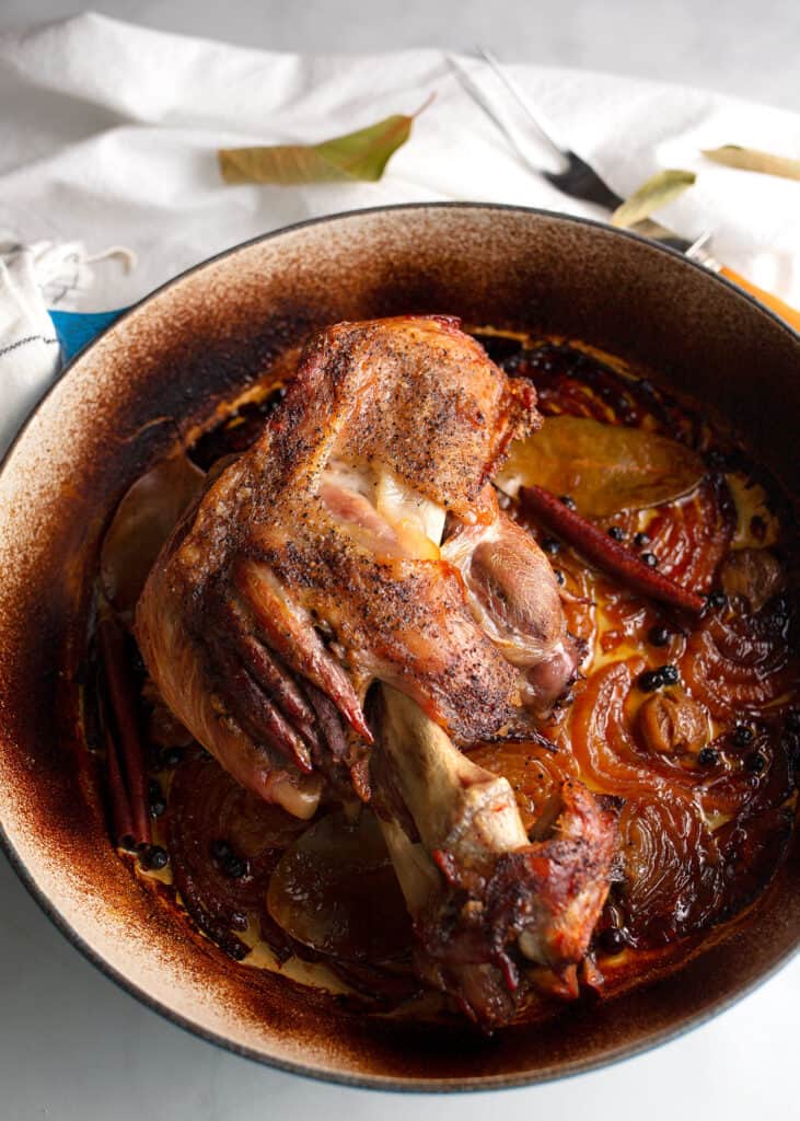 Oven Braised Ham Hock in a braising pan