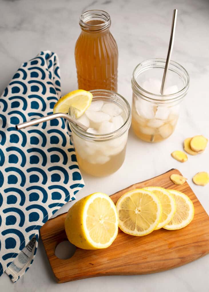 Two servings of Ginger Ale with homemade ginger syrup with lemons