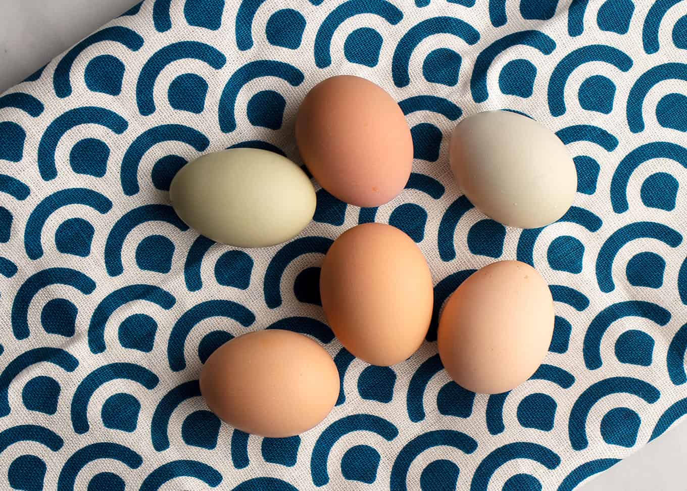 Farm fresh eggs laying on a blue patterned tea towel