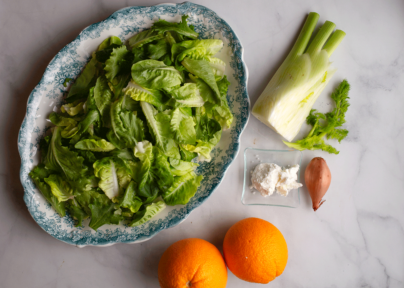 Blue & white platter with baby butter lettuce, half fennel bulb and fronds, shallot, goat cheese, and oranges