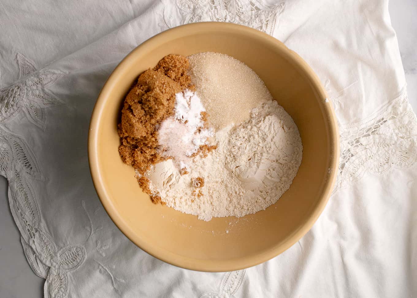 Dry ingredients in a medium bowl: flour, sugars, leavenings, and salt.
