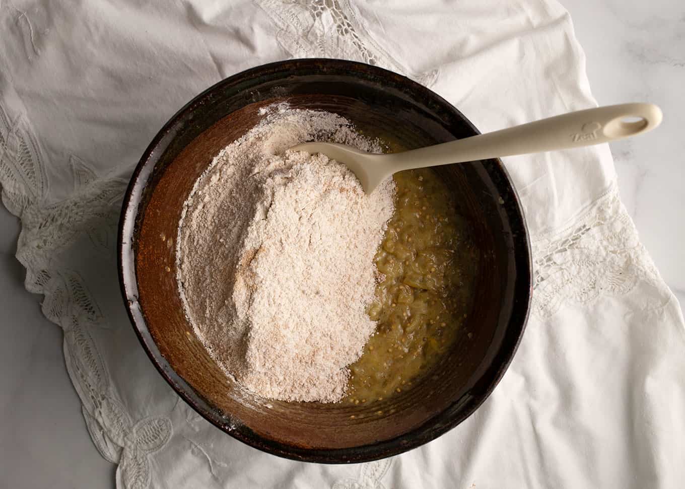 Mix the dry ingredients together with the wet ones in the larger bowl.